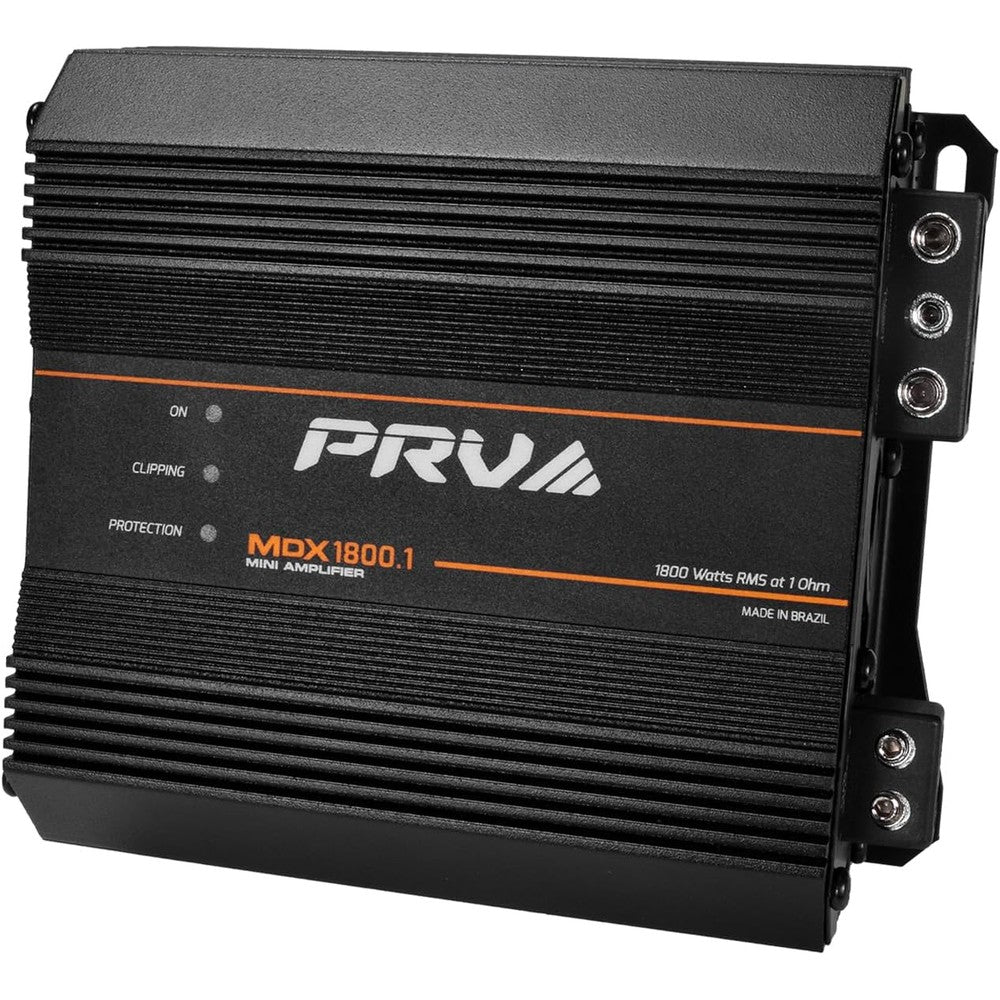 PRV Audio MDX1800.1 1 Ohm Mini Car Audio Amplifier front view highlighting the compact black heatsink design.