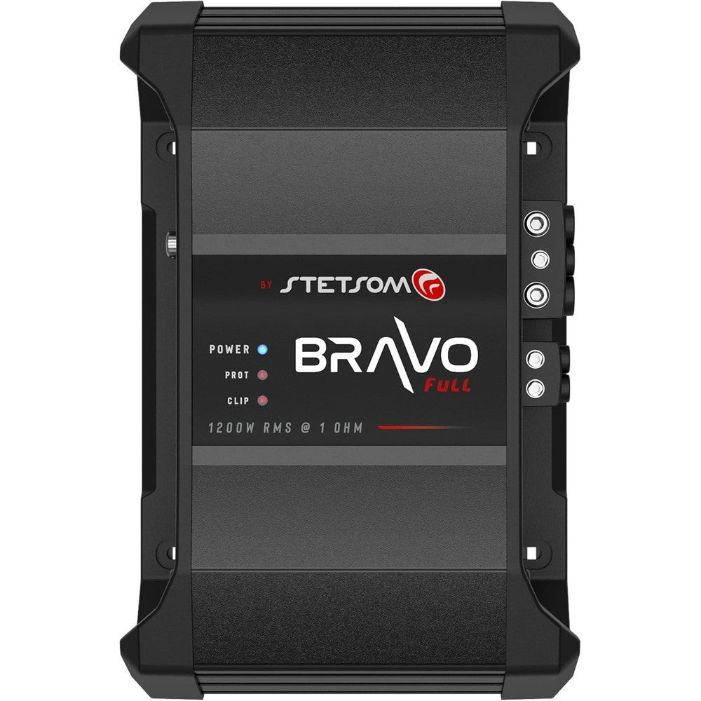 Stetsom Bravo Full 1200 1 Ohm Mono Car Amplifier front view showing premium black finish and digital logo branding.