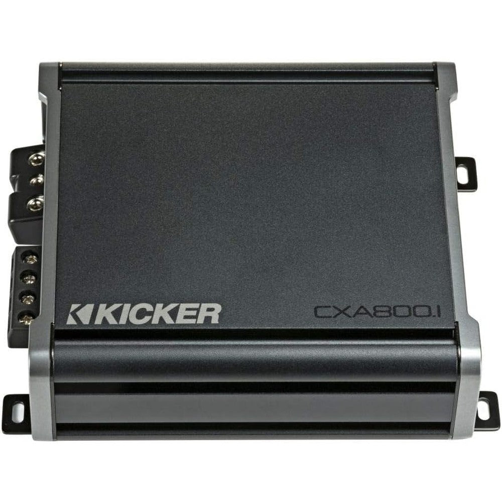 Kicker 46CXA8001T monoblock amplifier front view showcasing sleek black chassis and brand logo