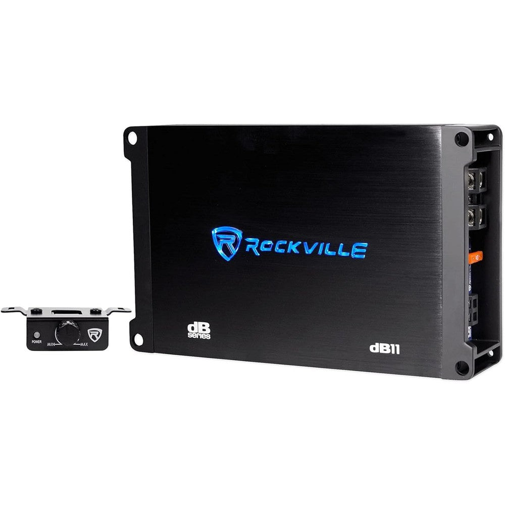 Rockville dB11 1400W Mono Class-D Car Amplifier front view showing the sleek black metallic finish and branding logo.
