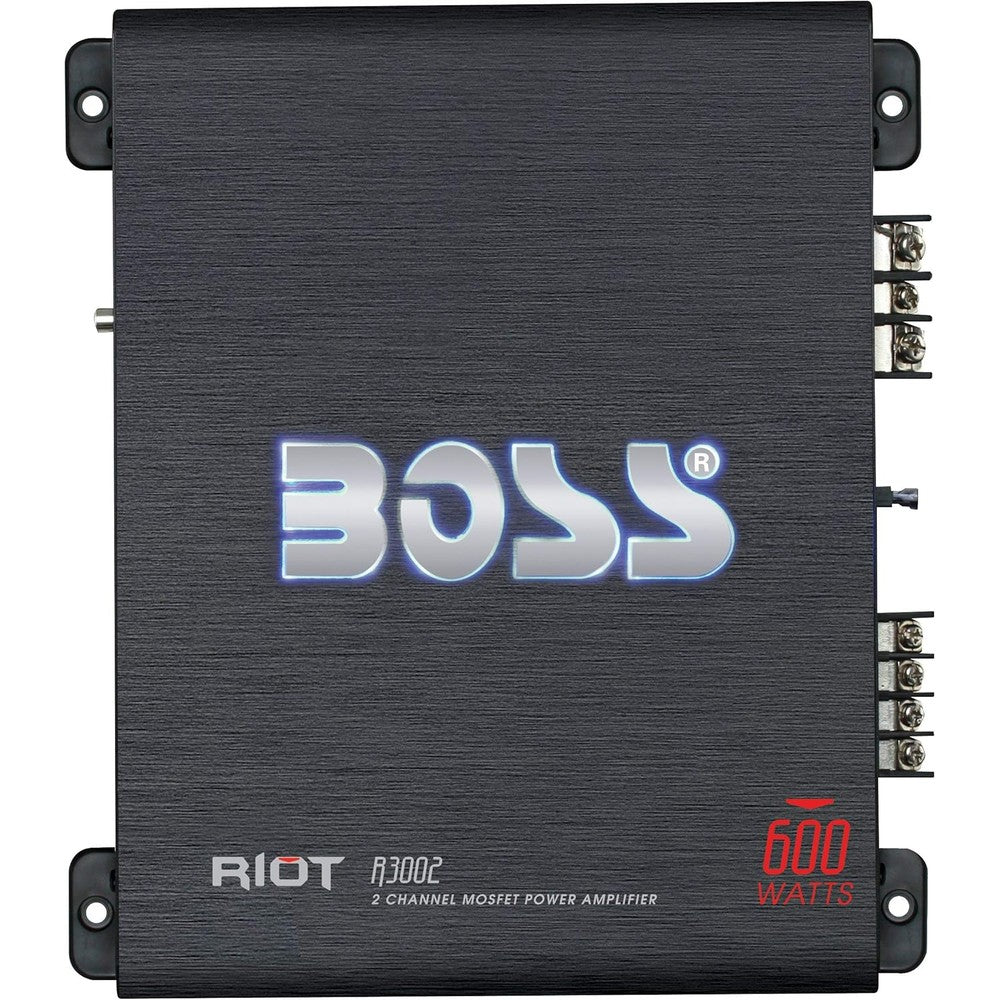 BOSS Audio Systems R3002 Riot car audio amplifier front view showing blue illuminated logo