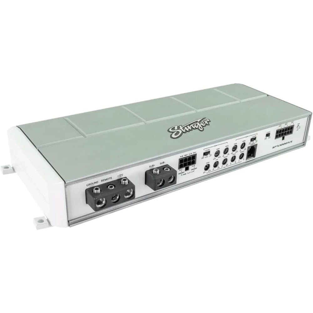 Stinger SPX1000X5 five channel marine amplifier front view showcasing compact weather resistant design.