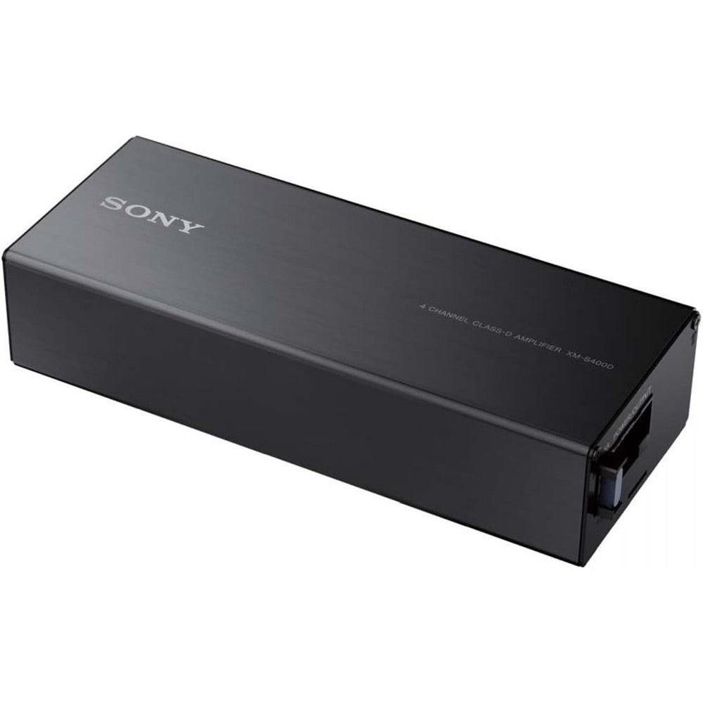 Sony XMS400D 4 Channel Micro Car Amplifier front view showing compact black metal chassis.