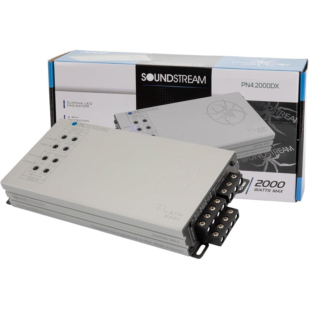 Soundstream Picasso Nano PN4.2000DX compact 4 channel car amplifier front view showcasing sleek black chassis design.