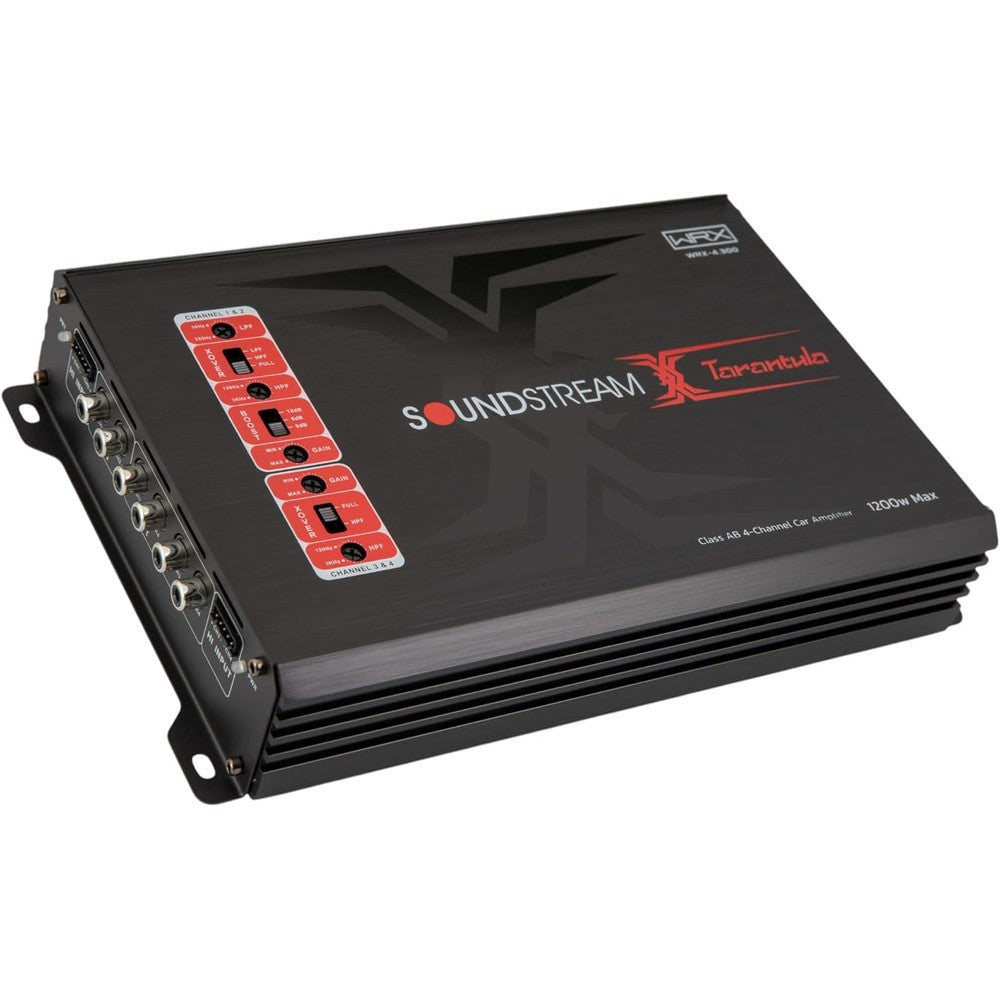 Soundstream WRX-4.300 4-channel car amplifier front view showing tarantula branding