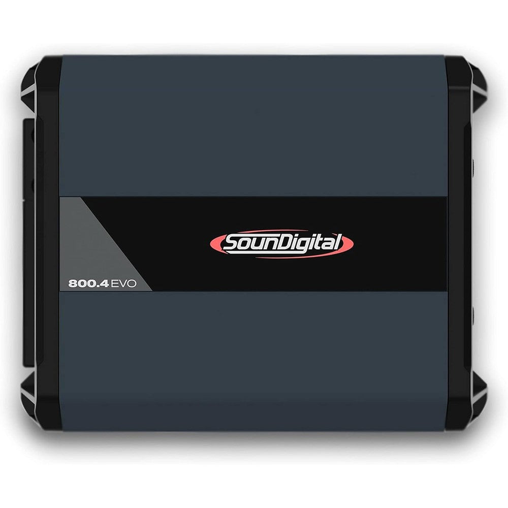 SounDigital 800.4 EVO 4.0 car amplifier front view showing compact dark grey aluminum chassis.