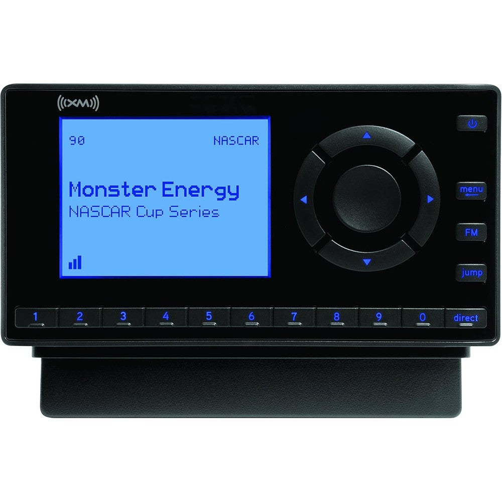 SiriusXM Onyx EZ Satellite Radio receiver front view showing blue monochrome display screen.