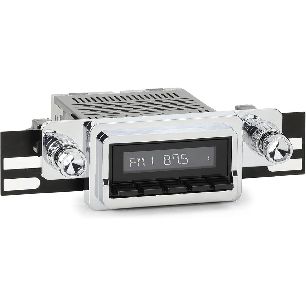 Retro Manufacturing Laguna classic radio front view showing vintage chrome faceplate and adjustable control knobs