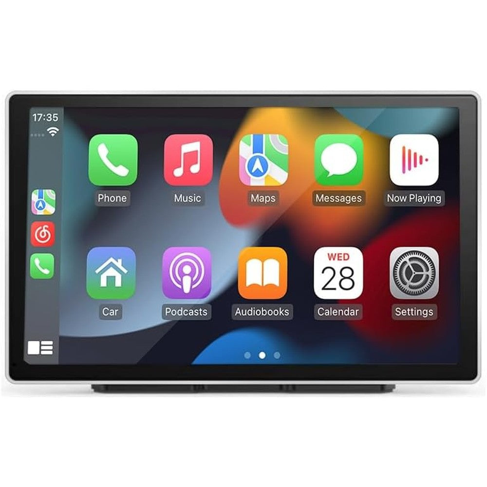 Moeckearla 9 inch wireless carplay screen front view displaying app icons and navigation map.