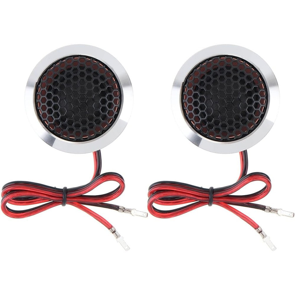 DriSentri silk dome car tweeters pair front view showing silver aluminum alloy casing and black hexagonal mesh grille.