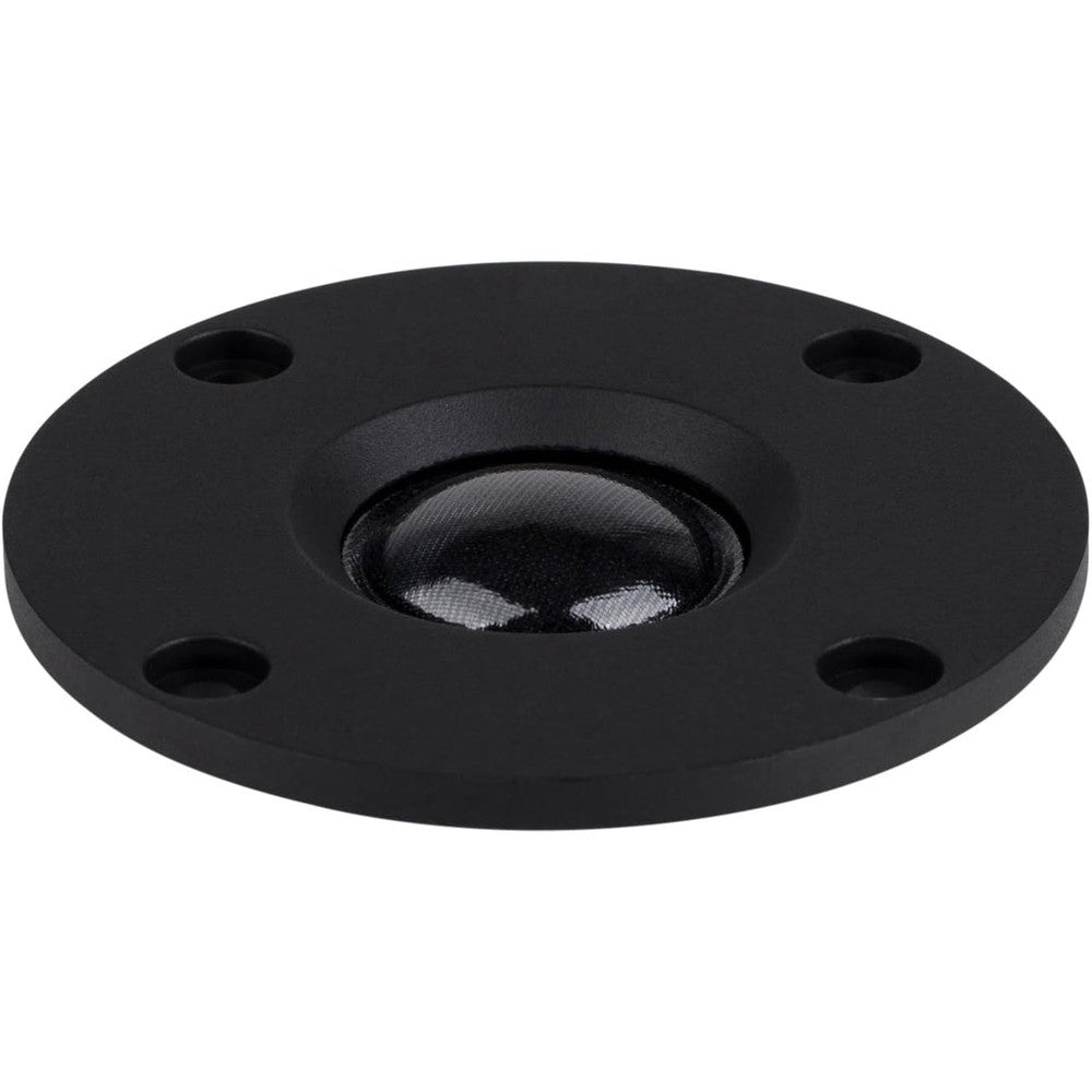 Dayton Audio TD20F-4 soft dome tweeter front view showing the black silk dome diaphragm.