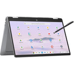 HP 14b Convertible Chromebook Plus front view showing full HD touchscreen display in laptop mode.