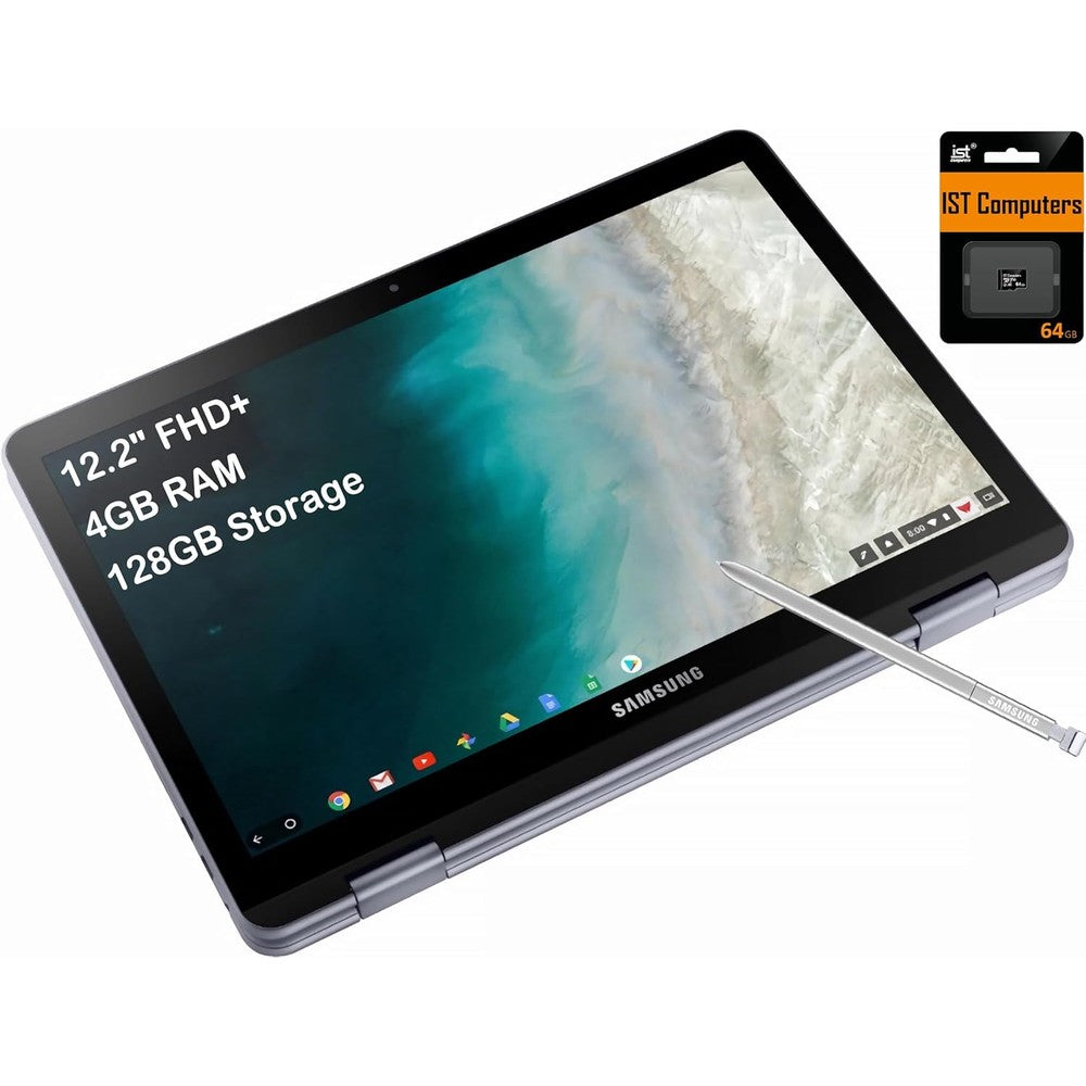 Samsung Chromebook Plus V2 360 touchscreen laptop front view showing the crisp display panel.