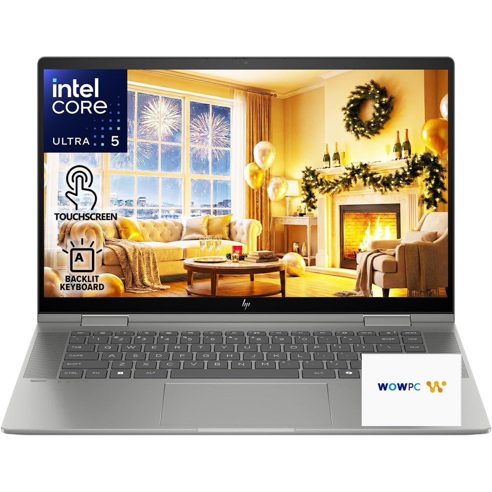 HP Envy x360 premium touchscreen laptop front view showing Windows 11 home screen.