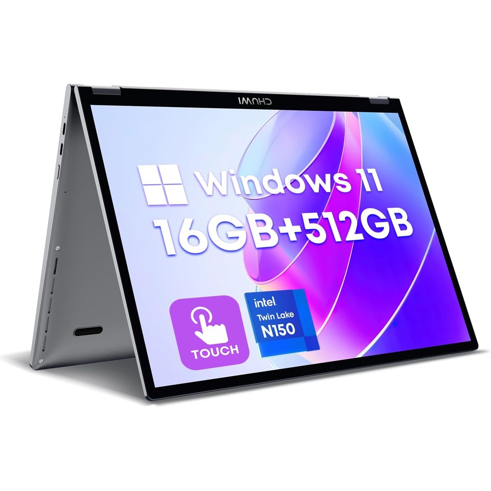 Chuwi MiniBook X two in one laptop front view showing the crisp touchscreen display.