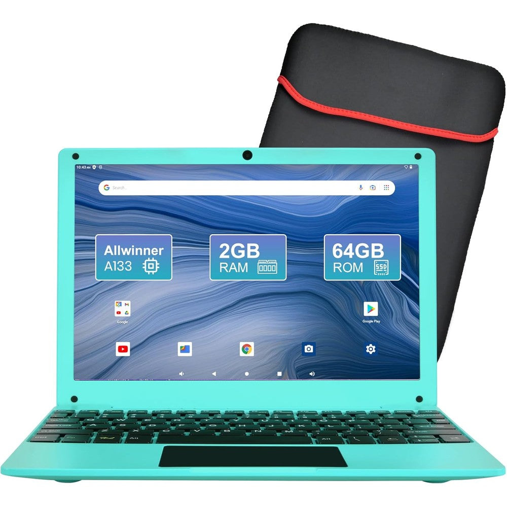 ZHAOHUIXIN mini Android laptop front view showcasing the light blue chassis and keyboard layout.