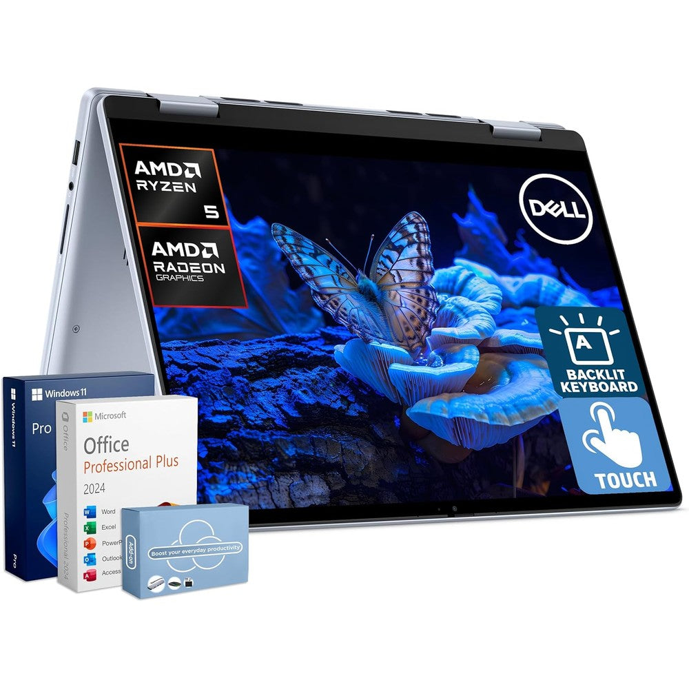 Dell Inspiron 14 2-in-1 touchscreen laptop front view showing Windows 11 Pro interface.