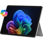 Microsoft Surface Pro 2-in-1 laptop tablet front view showing the premium platinum chassis and vibrant touchscreen interface.