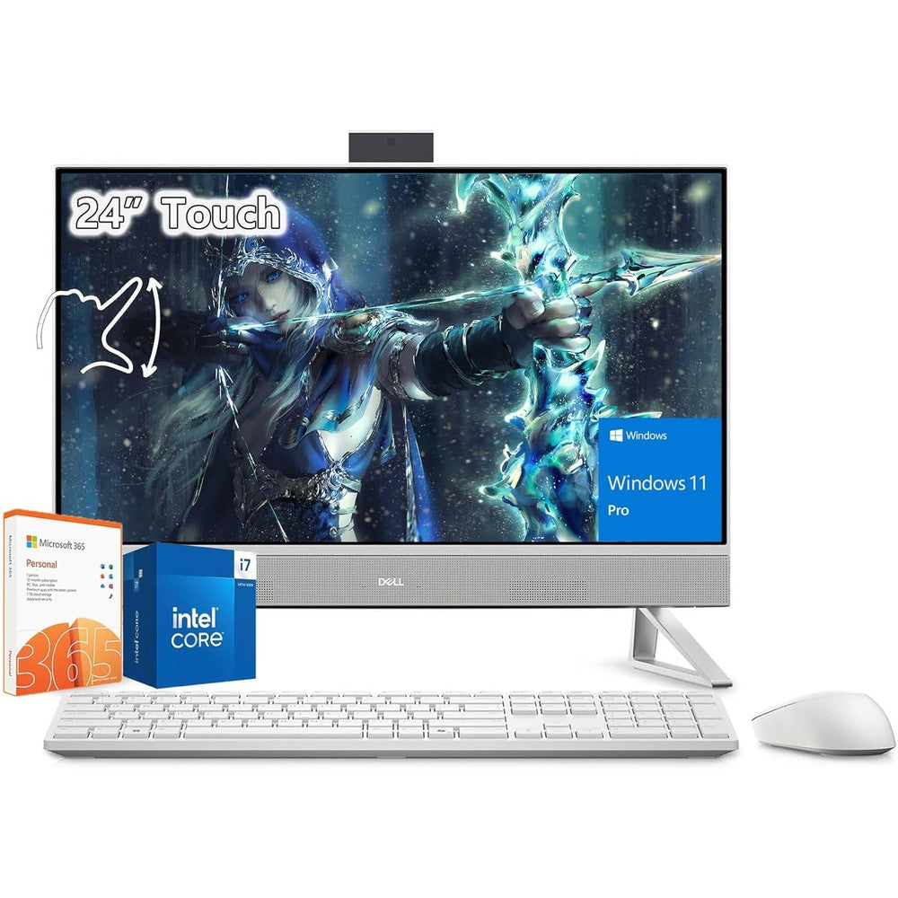 Dell Inspiron 24 inch touchscreen all in one desktop computer front view showcasing narrow bezel display.