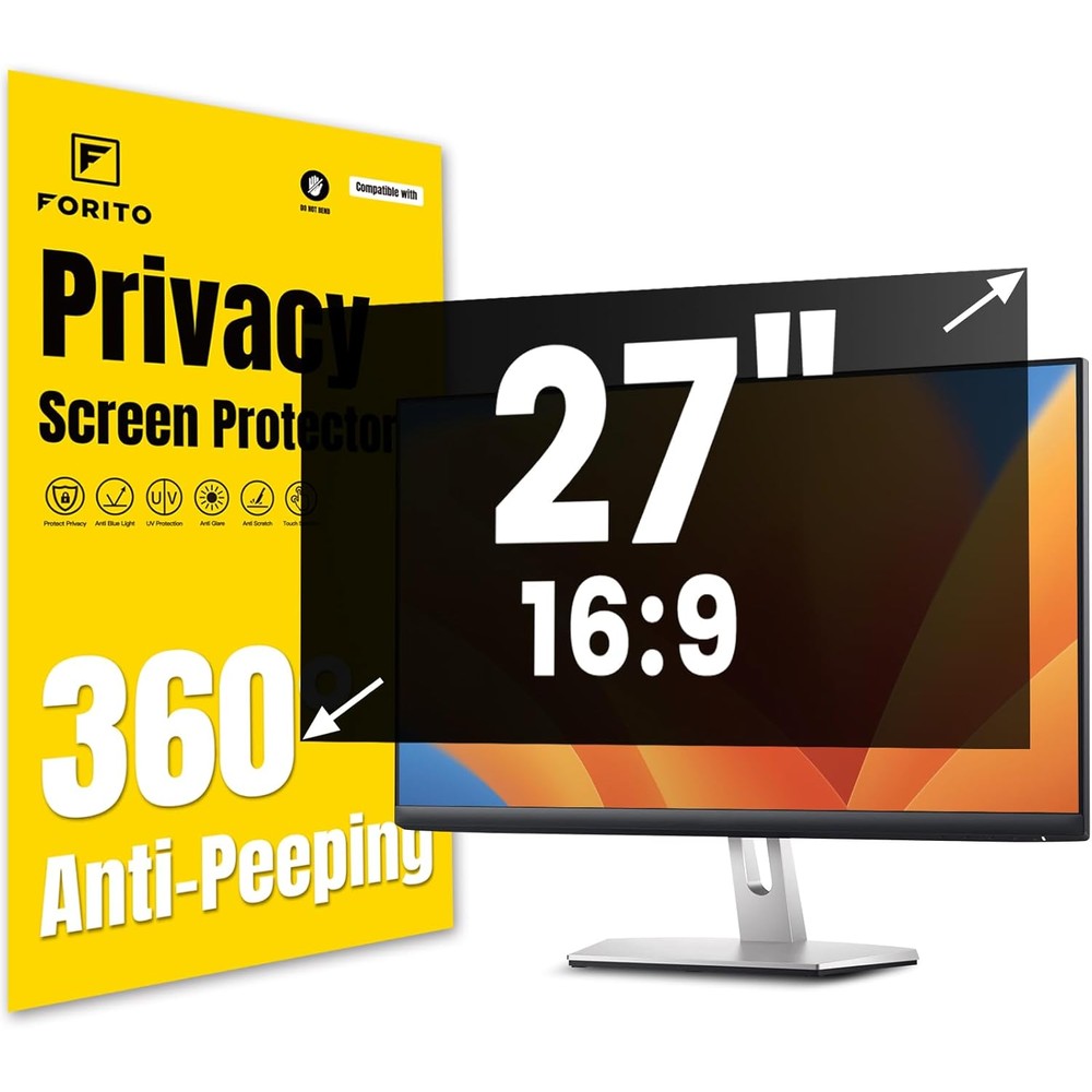 Forito 27 inch privacy screen protector front view mounted on a widescreen computer monitor in a bright corporate office setting.