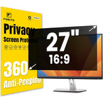 Forito 27 inch privacy screen protector front view mounted on a widescreen computer monitor in a bright corporate office setting.