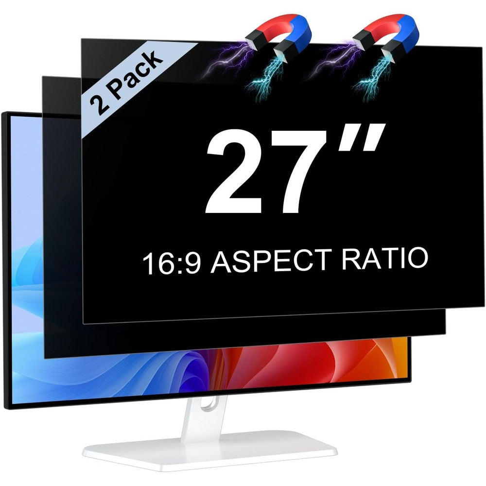 LUSA DESIGN Magnetic 27 Inch Privacy Screen front view on a desktop computer monitor showing side angles blocking visibility.
