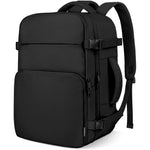 ZOMFELT travel backpack front view in black polyester fabric.