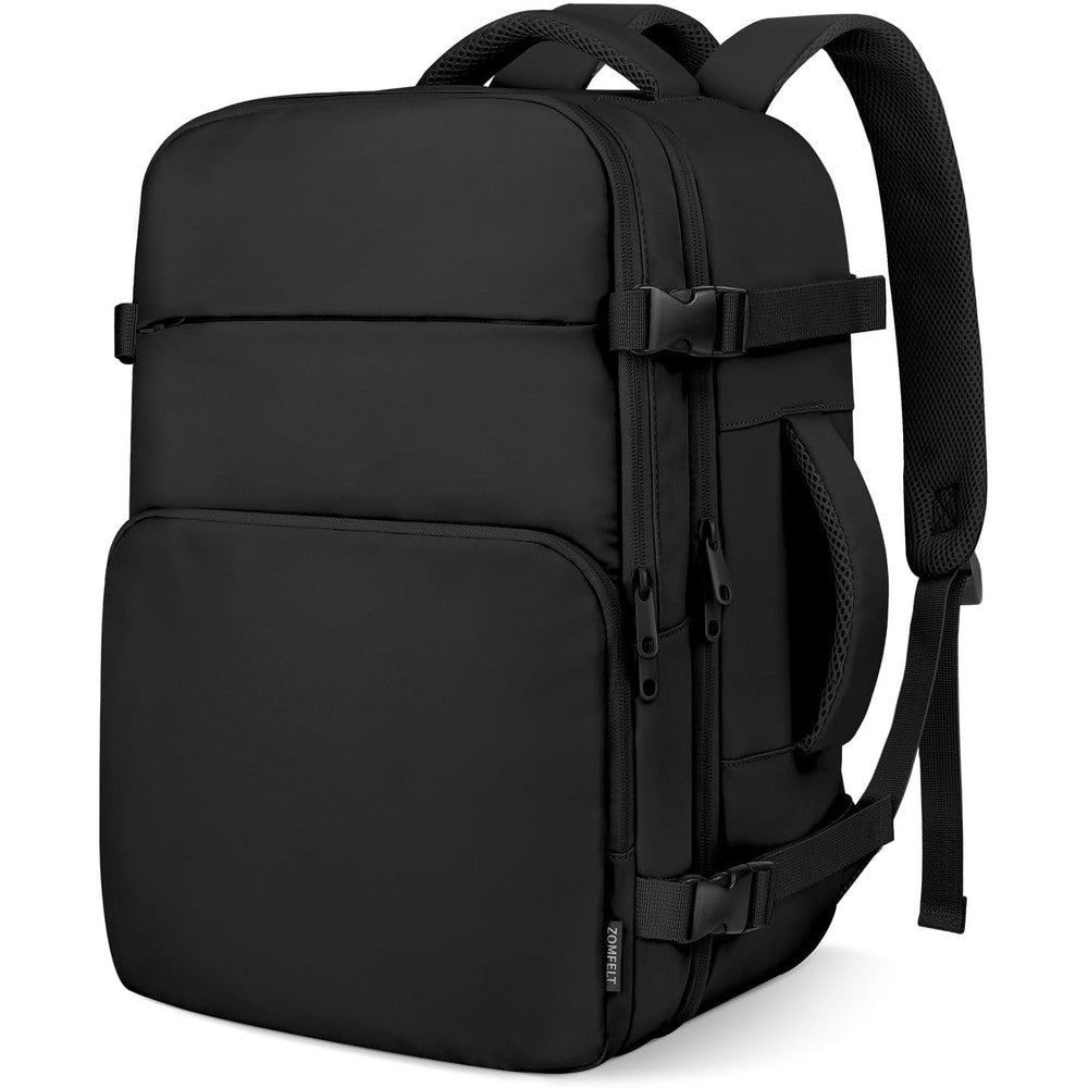 ZOMFELT travel backpack front view in black polyester fabric.