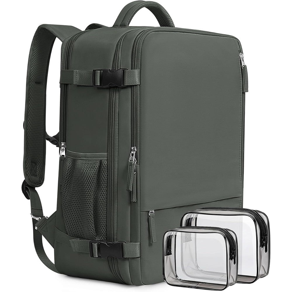 Beraliy Travel Backpack front view in olive green color displaying its multiple utility pockets and premium durable zippers.