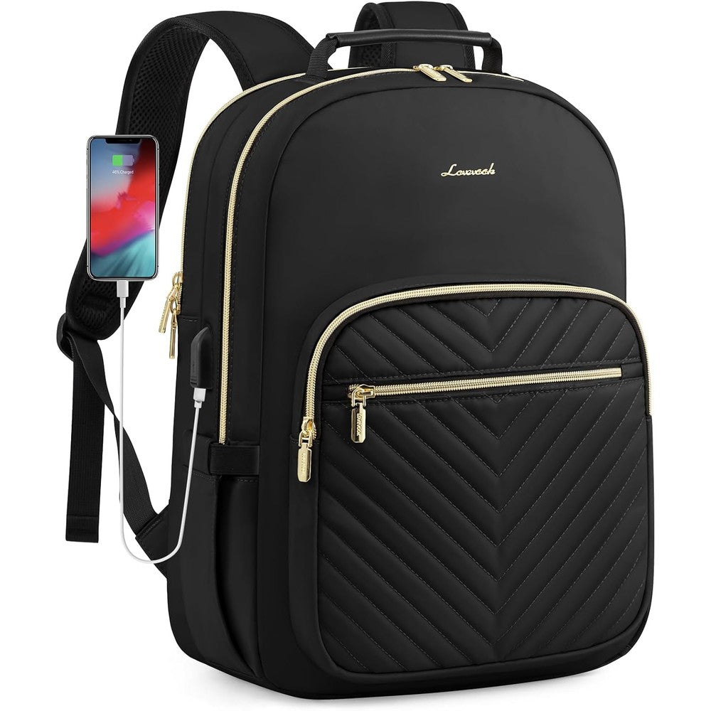 LOVEVOOK quilted laptop backpack for women front view in black fabric with gold zippers