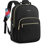 LOVEVOOK quilted laptop backpack for women front view in black fabric with gold zippers