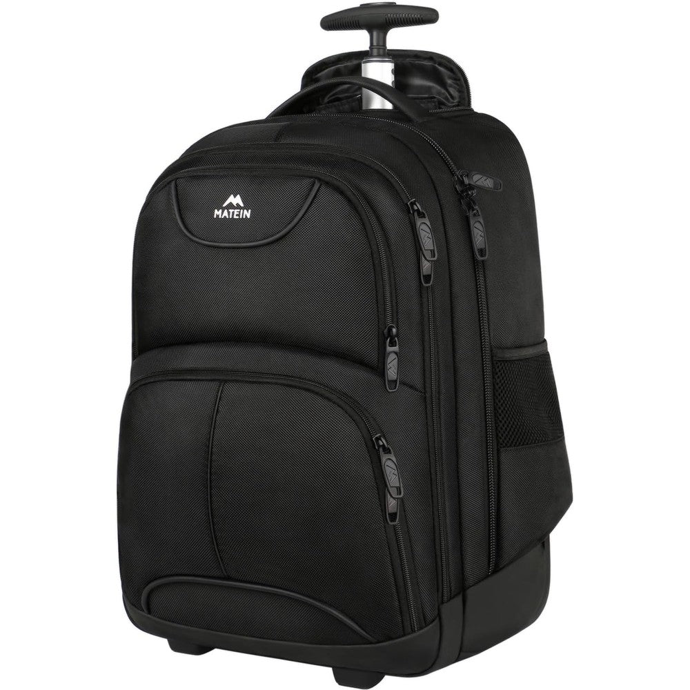 Matein rolling laptop backpack front view in black premium water resistant finish