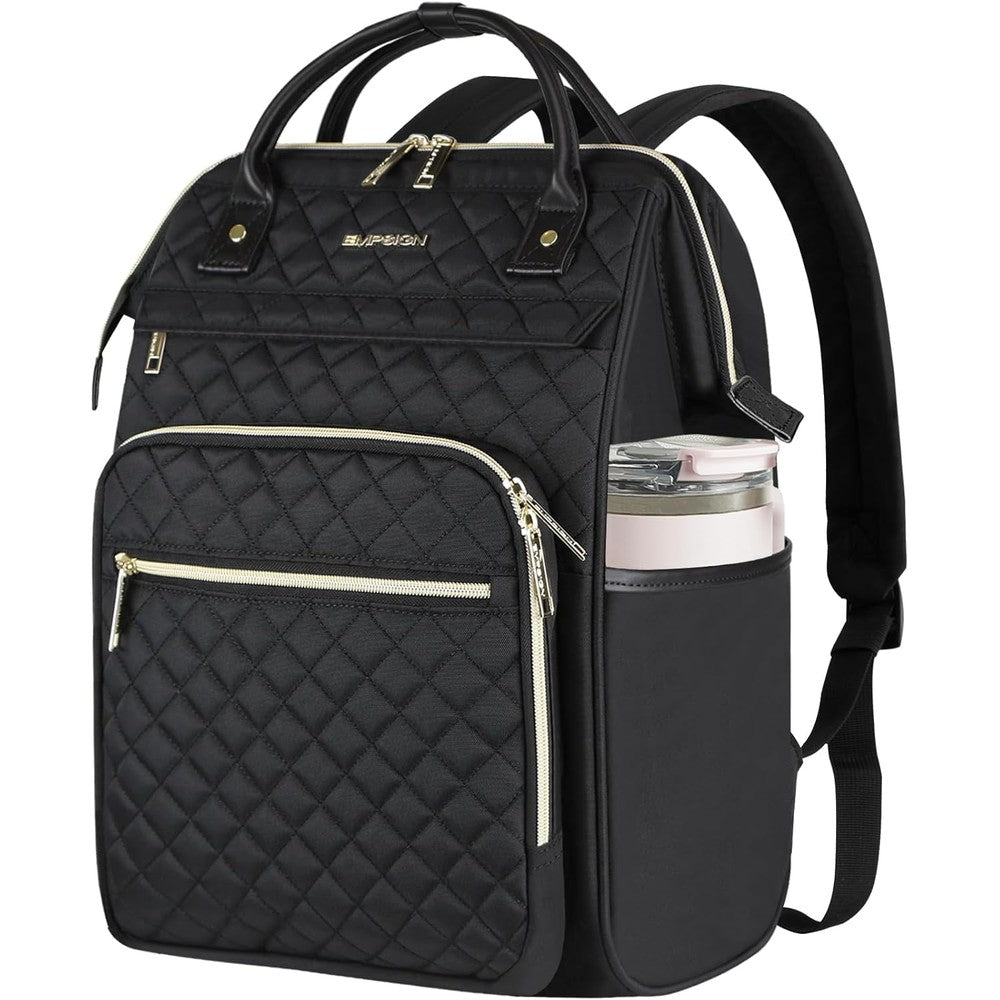 EMPSIGN 17 Inch Laptop Backpack for Women front view showing black quilted design with gold zippers