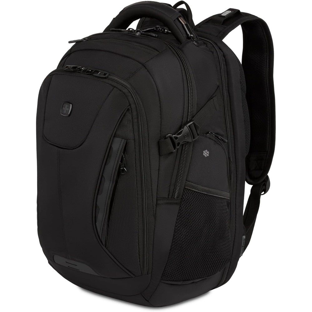 SwissGear 5358 Travel Tech Elite laptop backpack front view showing premium black ballistic fabric and professional tech design