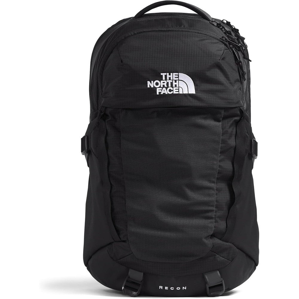 The North Face Recon Everyday Laptop Backpack front view in black showing the signature front stretch-mesh pocket