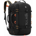 Tolaccea travel backpack front view in black with prominent orange branding accents and compression straps.