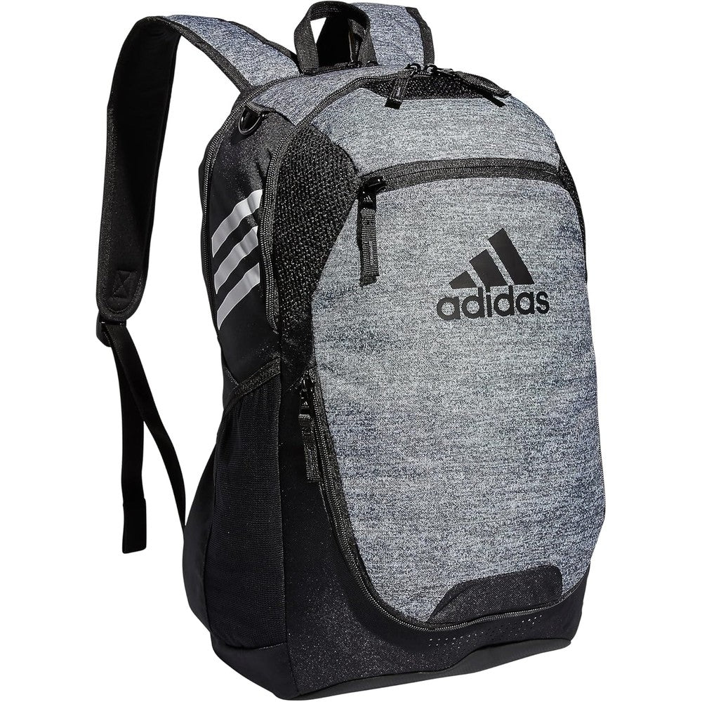 Adidas Stadium Team Sports Backpack in Jersey Onix Grey front view showcasing the iconic logo and spacious multi-compartment design.