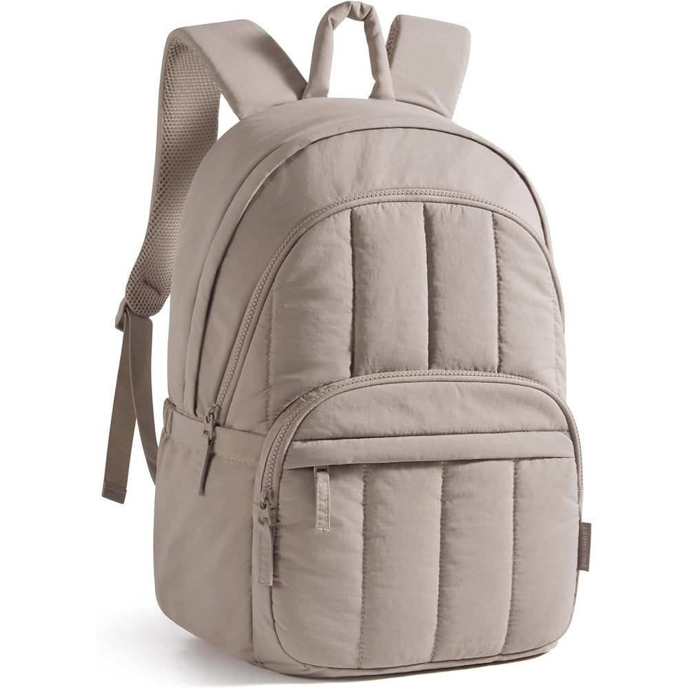 BAGSMART women's quilted travel laptop backpack puffer camel front view showcasing premium stitching.
