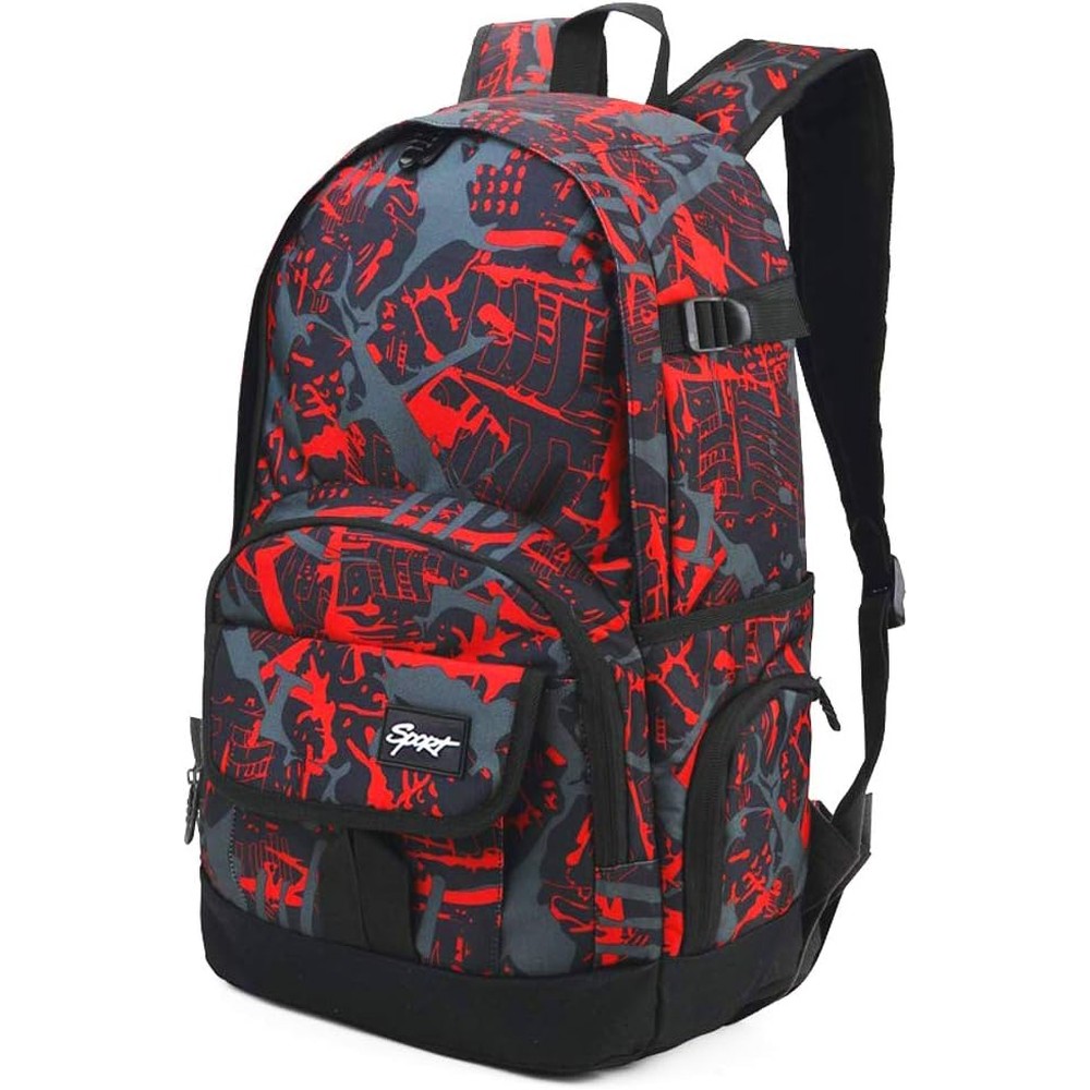 Ricky-H Lifestyle School Backpack front view showcasing the vibrant red and black graffiti pattern.