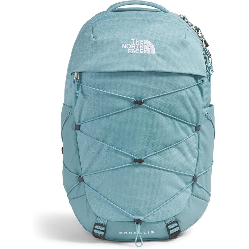 The North Face Women's Borealis Backpack in Blue Eclipse front view showcasing the external bungee system.