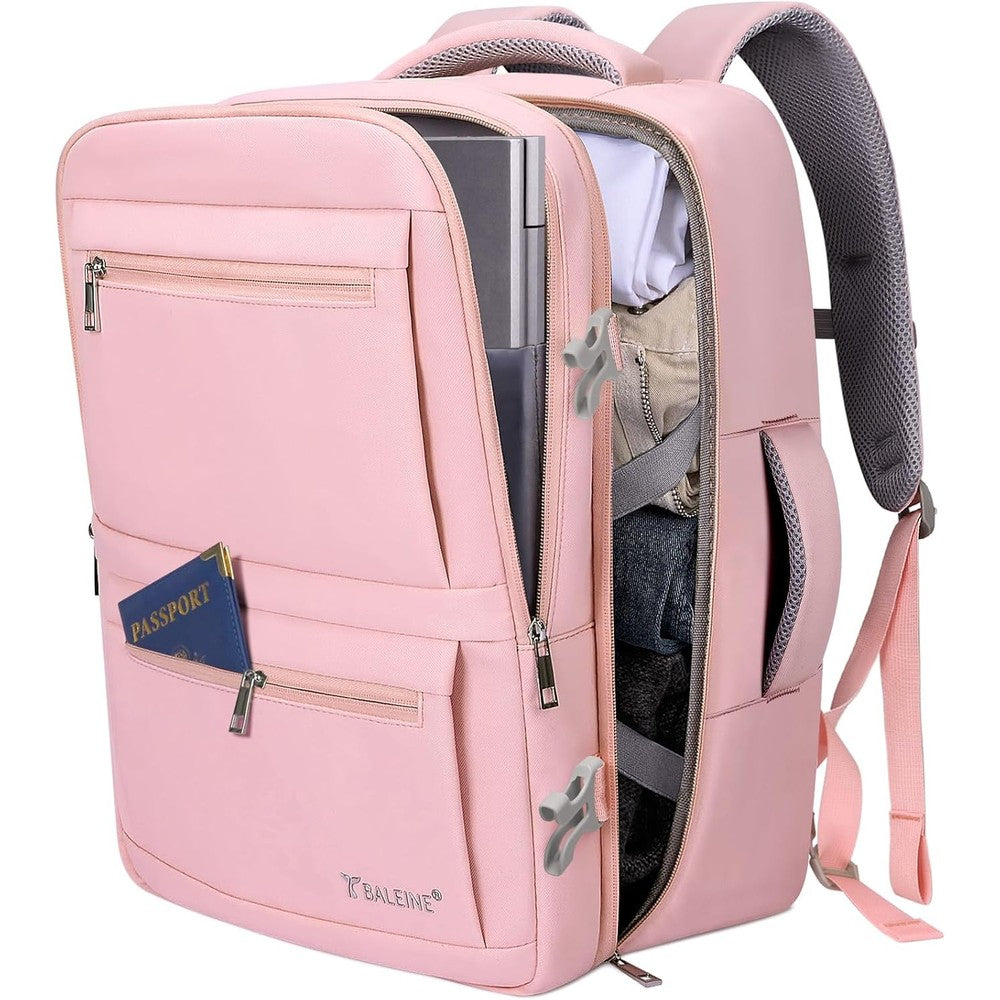 BALEINE Travel Backpack Pink Large front view showing sleek water-resistant exterior