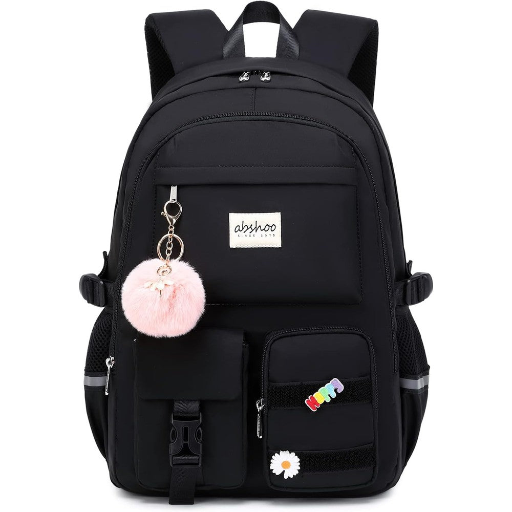 Abshoo Big Student Laptop Backpack front view in black featuring cute pink pom-pom keychain and decorative pins.