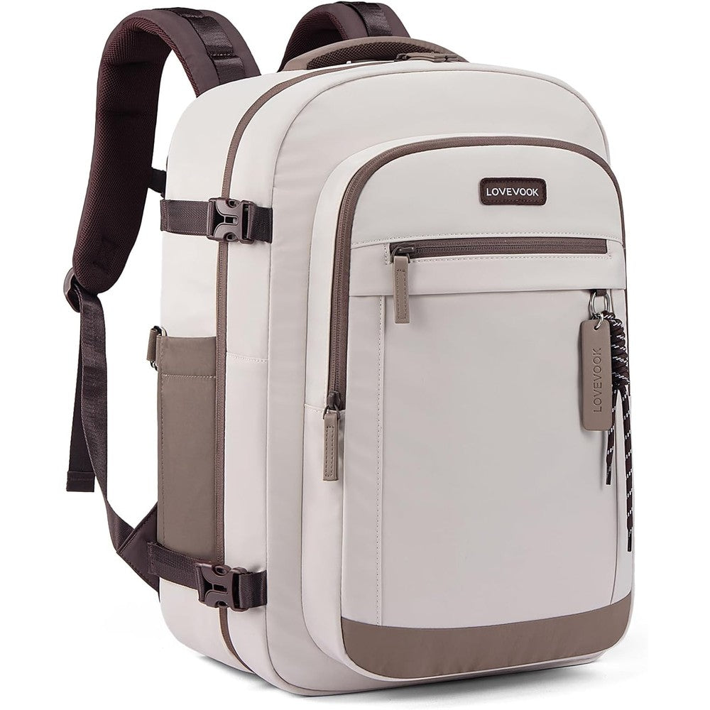 LOVEVOOK 40L Travel Backpack for Women front view showcasing the sleek waterproof exterior and multiple zippered compartments.