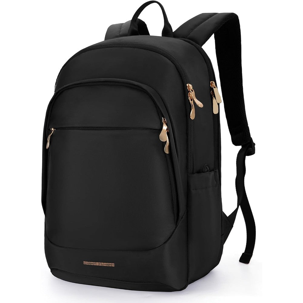 LIGHT FLIGHT travel laptop backpack for women front view showing black water resistant nylon fabric and gold zippers