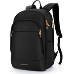 LIGHT FLIGHT travel laptop backpack for women front view showing black water resistant nylon fabric and gold zippers