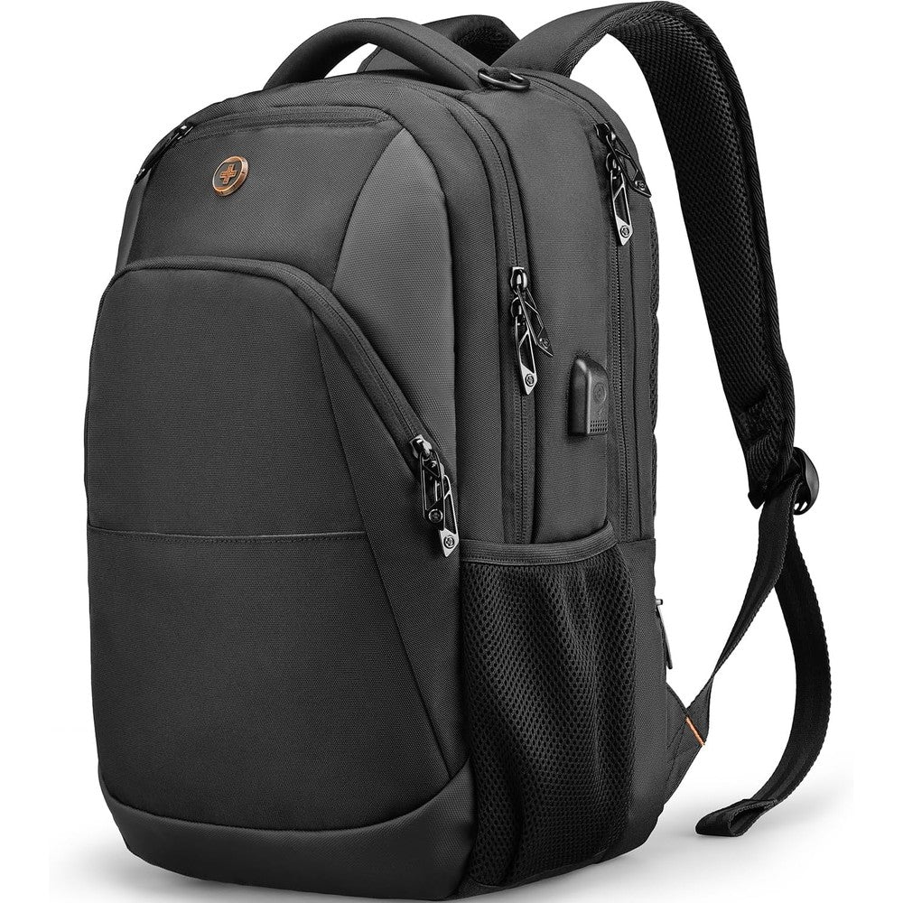 Swissdigital Design travel laptop backpack front view showing sleek black water-resistant exterior