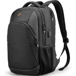 Swissdigital Design travel laptop backpack front view showing sleek black water-resistant exterior