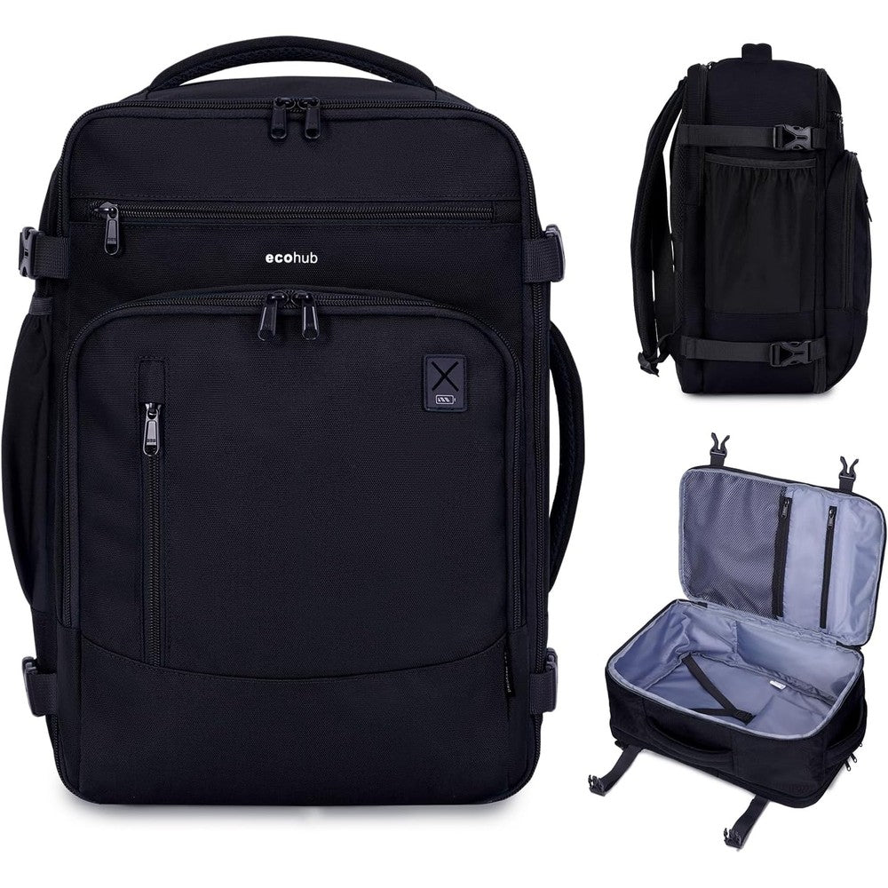ECOHUB 17 Inch Small Travel Backpack United Airlines Personal Item Bag With 16 Pockets Water Resistant 15.6 Inch Laptop Compartment 25 Liters Black - Image 1