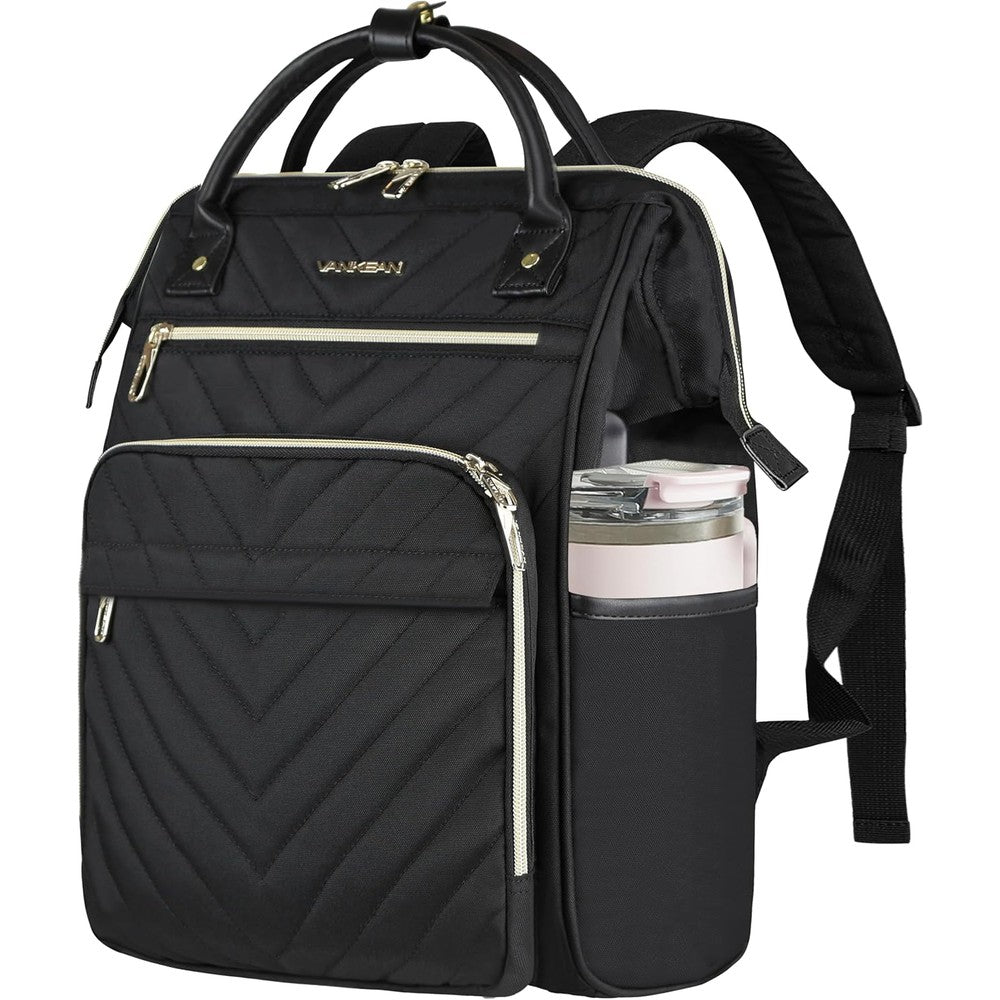 VANKEAN 17 inch laptop backpack front view showing black quilted design and gold zippers.