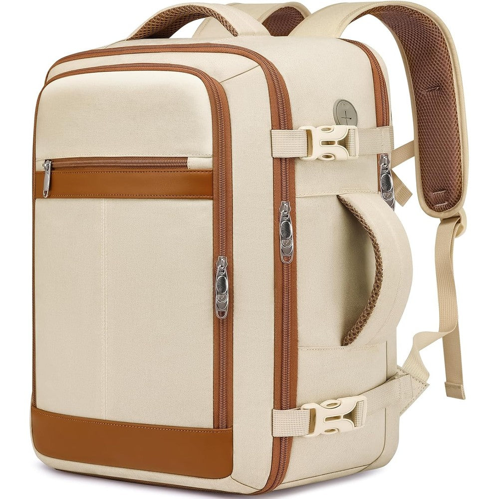 EZUOLA travel backpack for women in beige front view showing premium water resistant material
